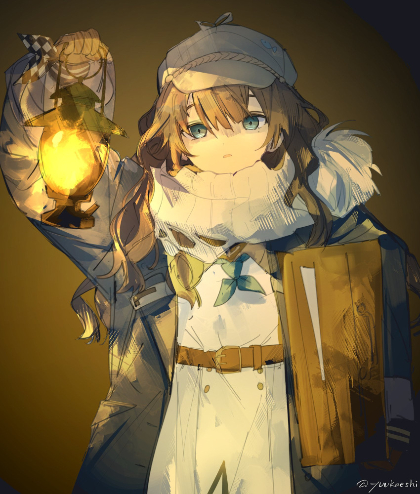 1girl, belt, blue_eyes, blue_jacket, bow, brown_belt, brown_hair, cabbie_hat