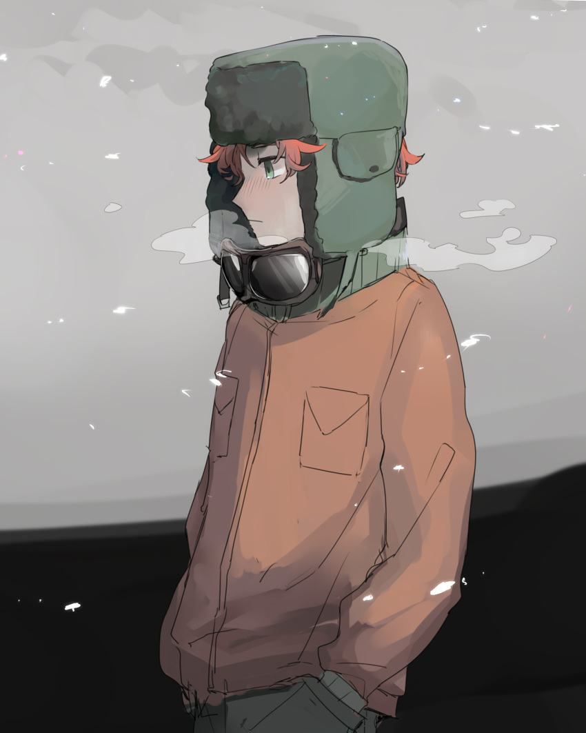 1boy, breath, from_side, fur_hat, goggles, goggles_around_neck, green_eyes, hand_in_pocket