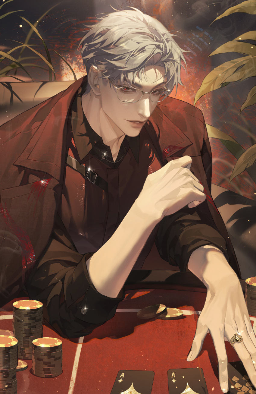 1boy, absurdres, black_shirt, card, casino, casino_card_table, coat, collared_shirt