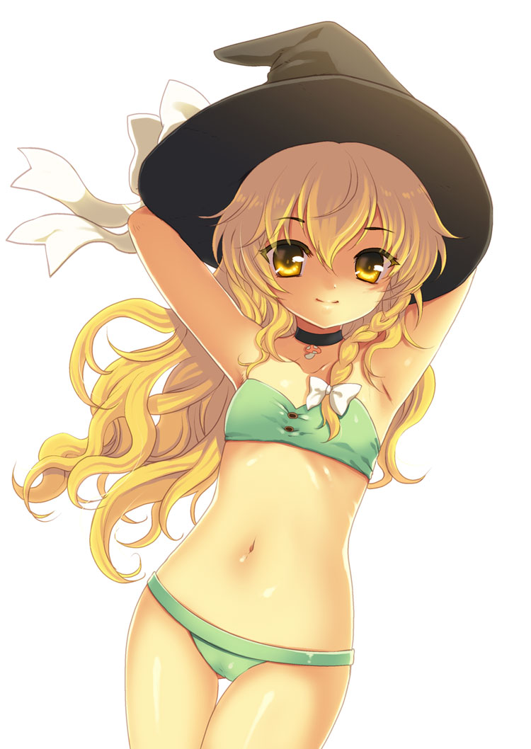 armpits, arms_up, bandeau_bikini, bikini, blonde_hair, braid, choker, flat_chest