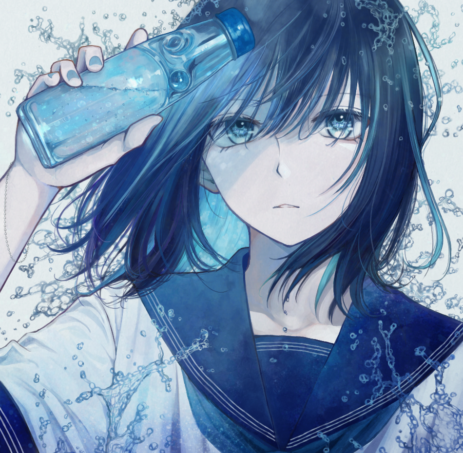 1girl, blue_eyes, blue_hair, blue_nails, bracelet, colored_inner_hair, dachi_(mayday), hand_up, jewelry, medium_hair, multicolored_hair, original, ramune, sailor_collar, school_uniform, shirt, water, white_background, white_shirt