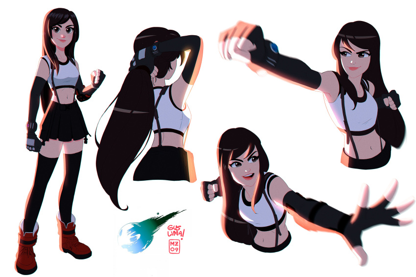 1girl, absurdres, alternate_eye_color, artist_name, black_hair, black_thighhighs, boots, brown_eyes