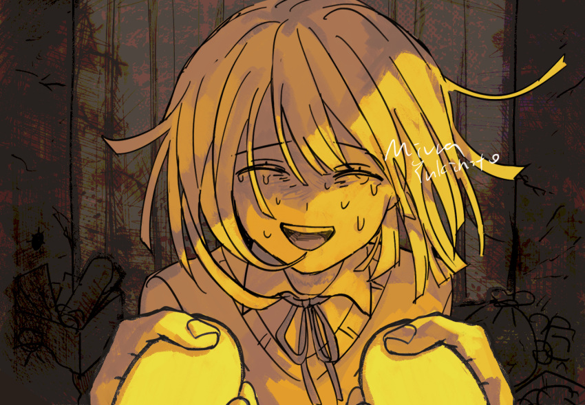 2girls, ^_^, artist_name, blunt_ends, chibi, closed_eyes, collared_shirt, commentary_request