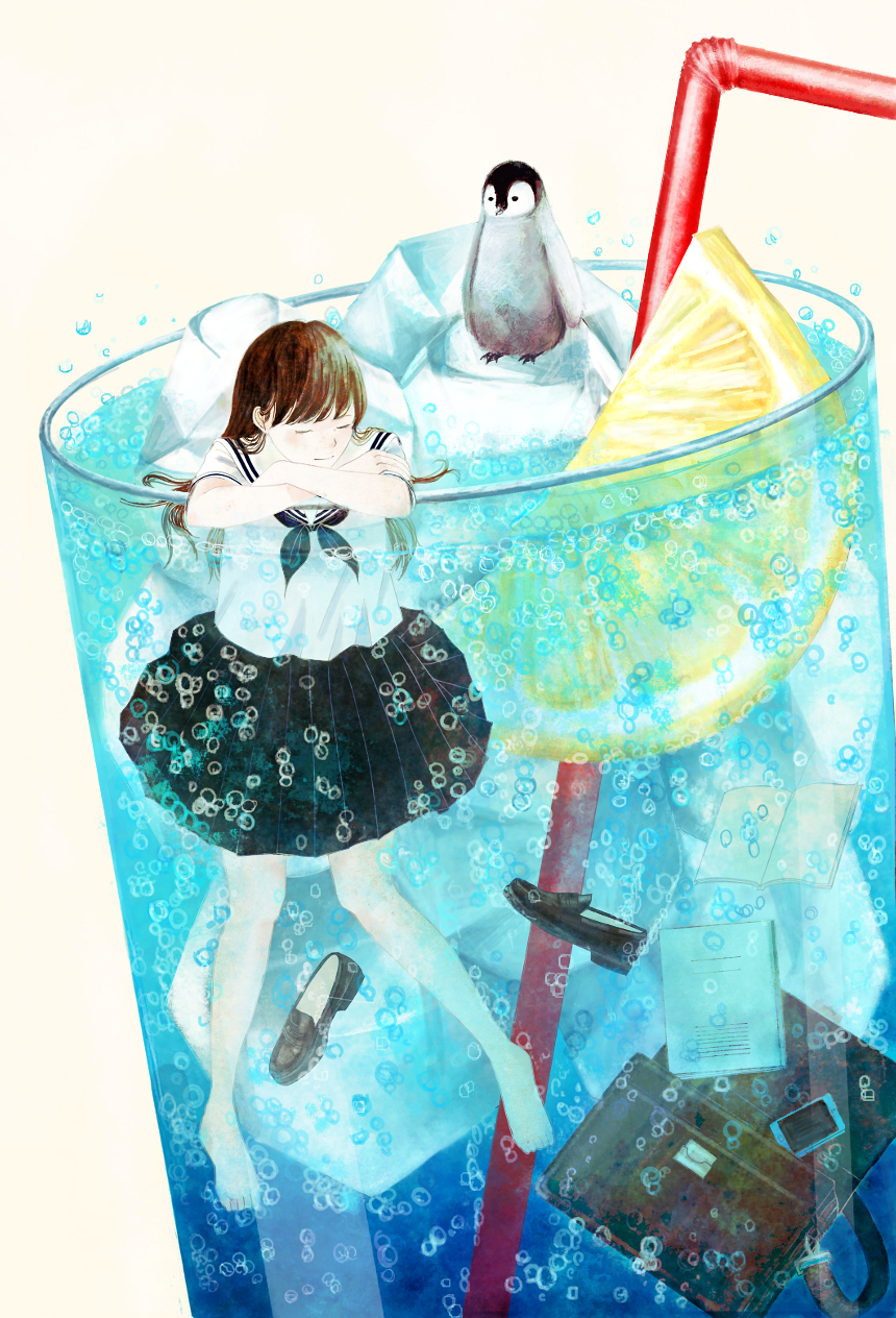 1girl, bag, barefoot, bird, black_skirt, book, bottle, brown_hair