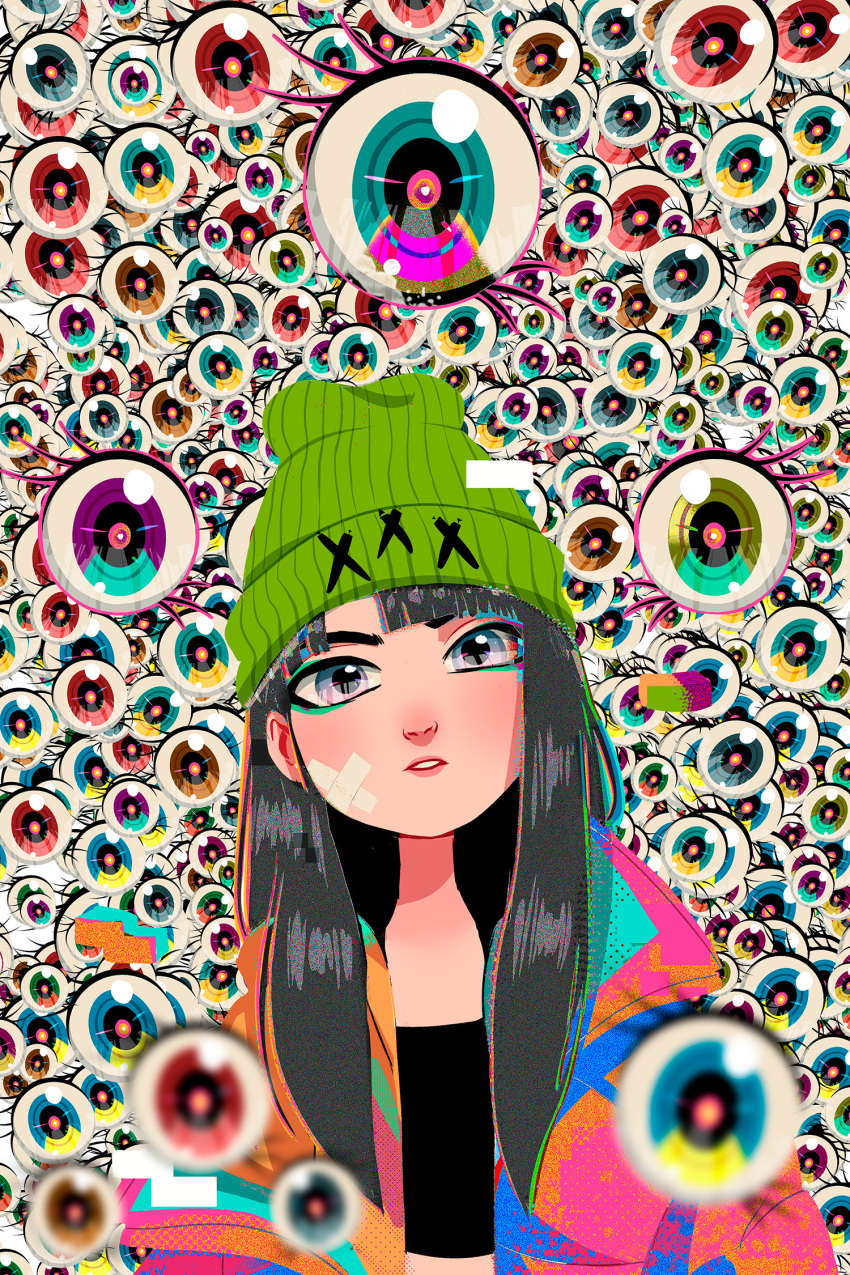 1girl, bandaid, bandaid_on_cheek, bandaid_on_face, beanie, black_hair, black_shirt, blunt_bangs