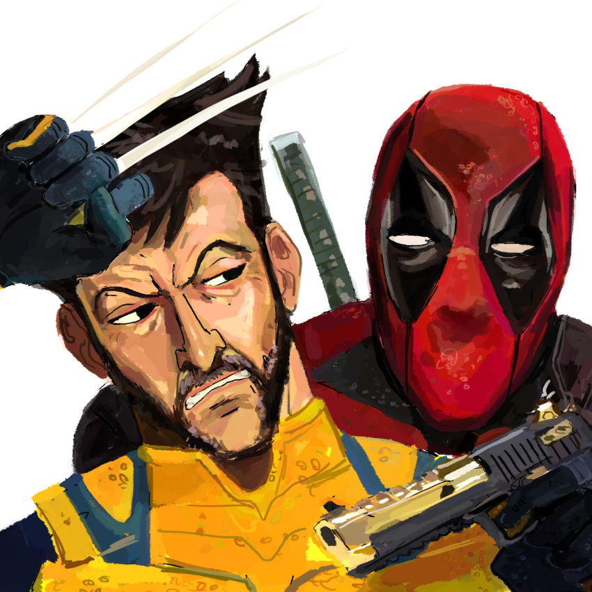 2boys, beard, benadieshekiel, bodysuit, brown_hair, claws, deadpool, deadpool_&amp;_wolverine