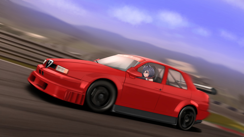 1girl, absurdres, alfa_romeo, alfa_romeo_155, animal_ears, black_hair, blue_eyes, bob_cut, car, driving, eishin_flash_(umamusume), from_side, hair_between_eyes, highres, horse_ears, horse_girl, motor_vehicle, short_hair, solo, spoiler_(automobile), swept_bangs, threepitz, umamusume, vehicle_focus