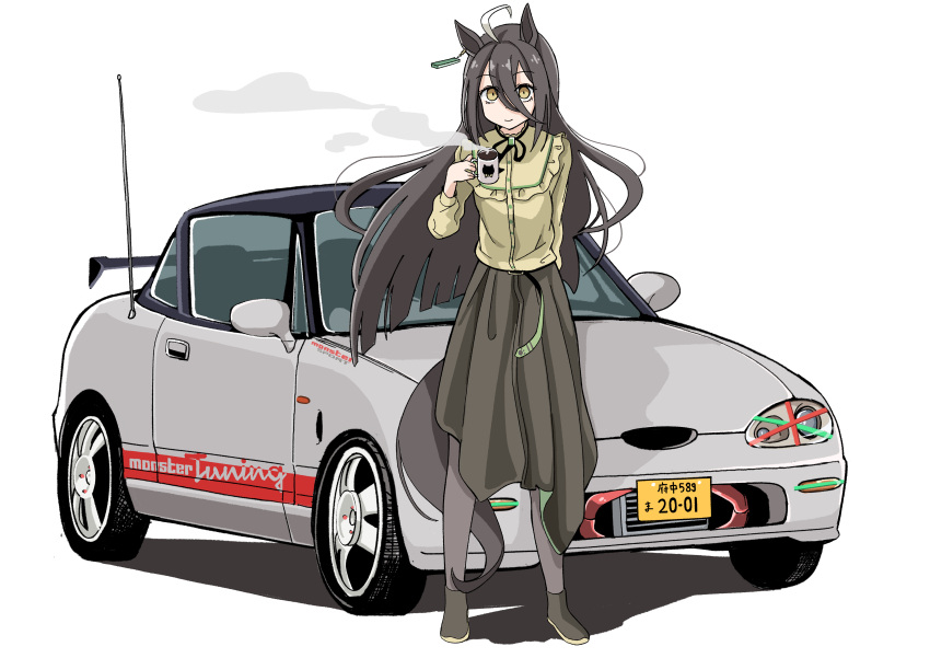1girl, absurdres, ahoge, animal_ears, belt, black_footwear, black_hair, black_pantyhose, black_ribbon, black_skirt, cappuccino, car, casual, coffee_mug, commentary, cup, earrings, full_body, gokiburi_(hosan_dango), hair_between_eyes, highres, holding, holding_cup, horse_ears, horse_girl, horse_tail, jewelry, license_plate, long_bangs, long_hair, long_sleeves, looking_at_viewer, manhattan_cafe_(umamusume), motor_vehicle, mug, multicolored_hair, name_connection, neck_ribbon, pantyhose, ribbon, shirt, simple_background, single_earring, skirt, smile, solo, standing, suzuki_(company), suzuki_cappuccino, tail, umamusume, vehicle_focus, white_background, white_hair, yellow_eyes, yellow_shirt