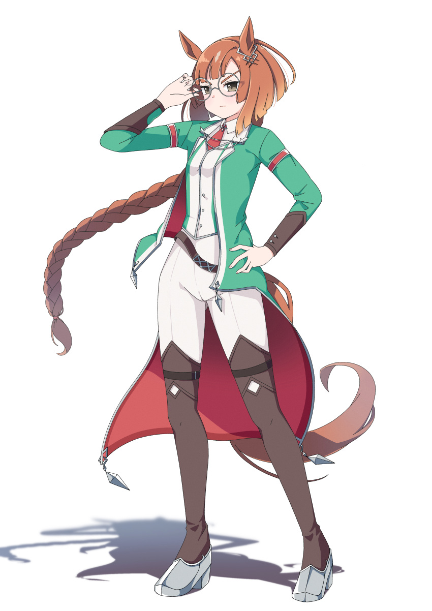 1girl, absurdres, animal_ears, boots, braid, braided_ponytail, brown_eyes, brown_hair, collared_shirt, commentary, ear_ornament, from_side, full_body, glasses, gokiburi_(hosan_dango), green_jacket, grey-framed_eyewear, highres, horse_ears, horse_girl, horse_tail, ikuno_dictus_(umamusume), jacket, long_hair, long_sleeves, low_ponytail, multicolored_hair, necktie, pants, red_necktie, round_eyewear, shirt, simple_background, solo, streaked_hair, tail, thigh_boots, umamusume, white_background, white_hair, white_pants, white_shirt