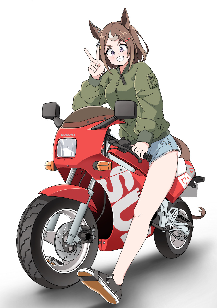 1girl, absurdres, alternate_costume, animal_ears, black_footwear, brown_hair, commentary, denim, denim_shorts, ear_ornament, full_body, gokiburi_(hosan_dango), green_jacket, grin, hair_ornament, hairclip, highres, horse_ears, horse_girl, horse_tail, jacket, long_sleeves, looking_at_viewer, motor_vehicle, motorcycle, multicolored_hair, short_hair, short_shorts, shorts, simple_background, smile, solo, streaked_hair, suzuki_(company), suzuki_gag, tail, tsurumaru_tsuyoshi_(umamusume), two-tone_hair, umamusume, v, vehicle_focus, violet_eyes, white_background, white_hair