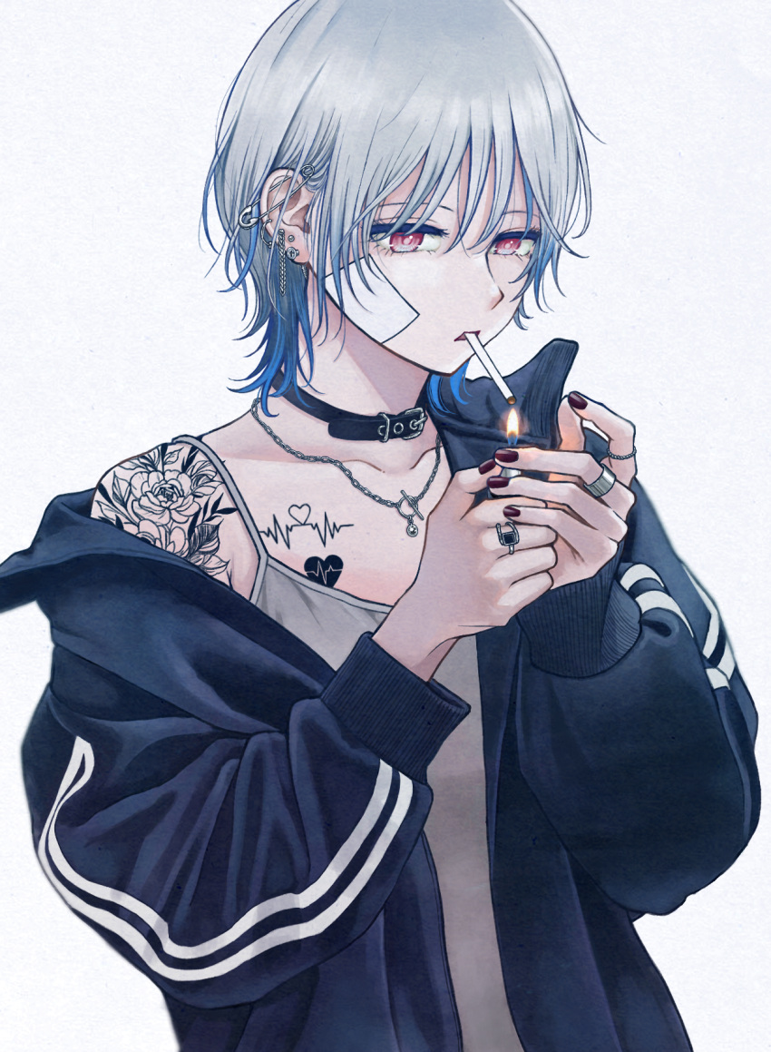1girl, animal_collar, bandage_on_face, bandages, black_collar, black_nails, blue_hair, blue_jacket