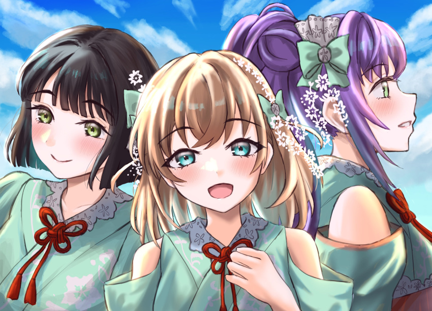 3girls, :d, absurdres, aoku_haruka, aqua_eyes, black_hair, blunt_bangs, blunt_ends