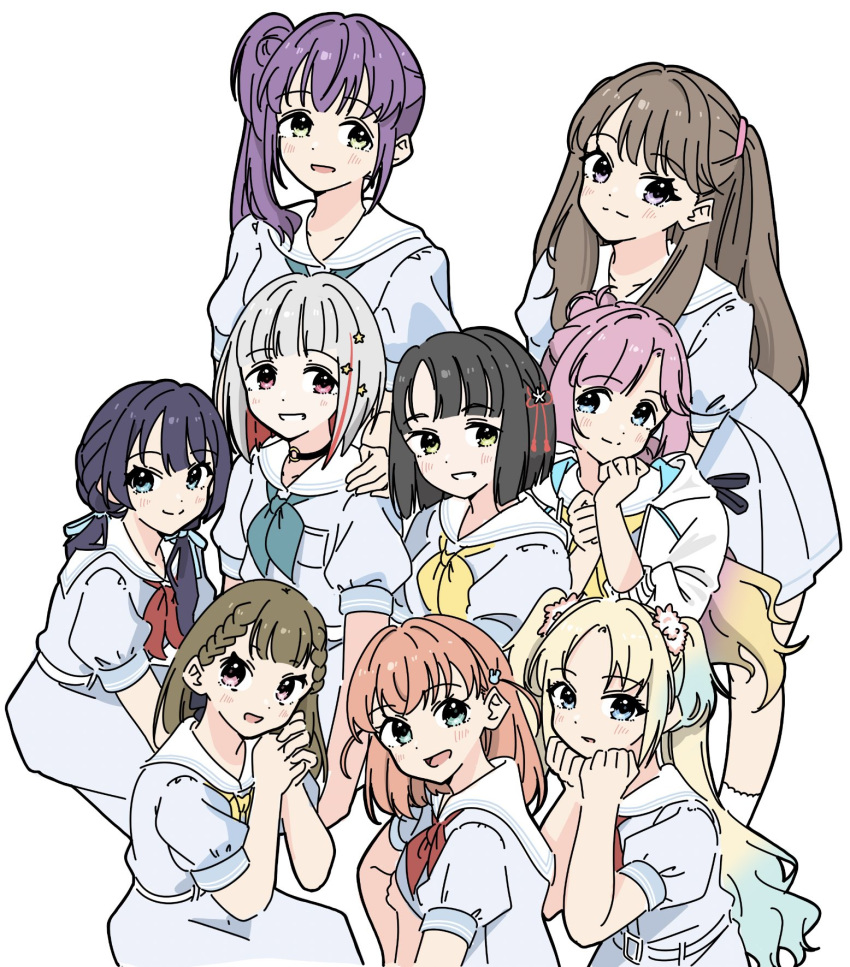 6+girls, :3, :d, ahoge, anyoji_hime, aqua_eyes, aqua_neckerchief, black_choker