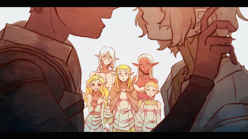 3boys, 4girls, :o, absurdres, arm_tattoo, armor, bags_under_eyes, bare_shoulders