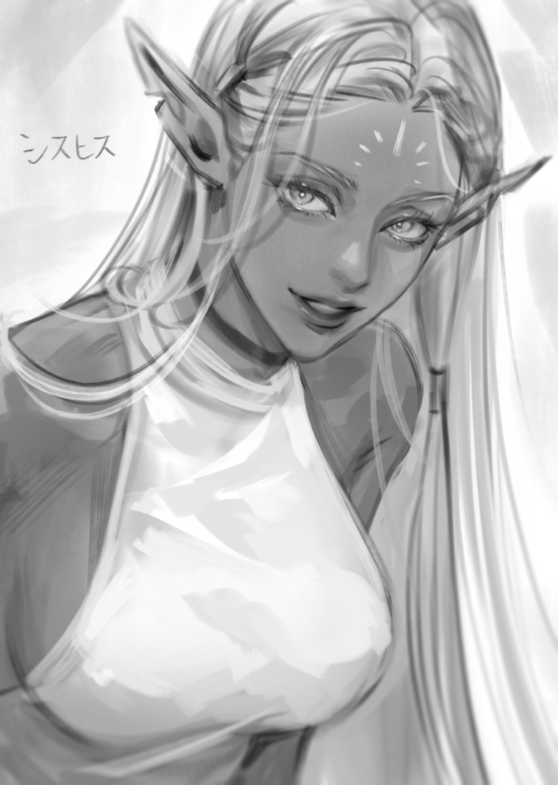 1girl, breasts, character_name, choker, cithis, dark-skinned_female, dark_elf, dark_skin