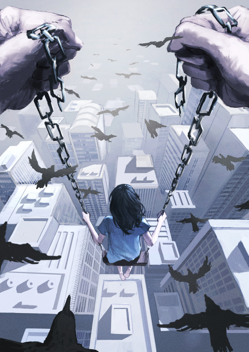 1girl, absurdres, armald0, barefoot, bird, black_hair, blue_shirt, building