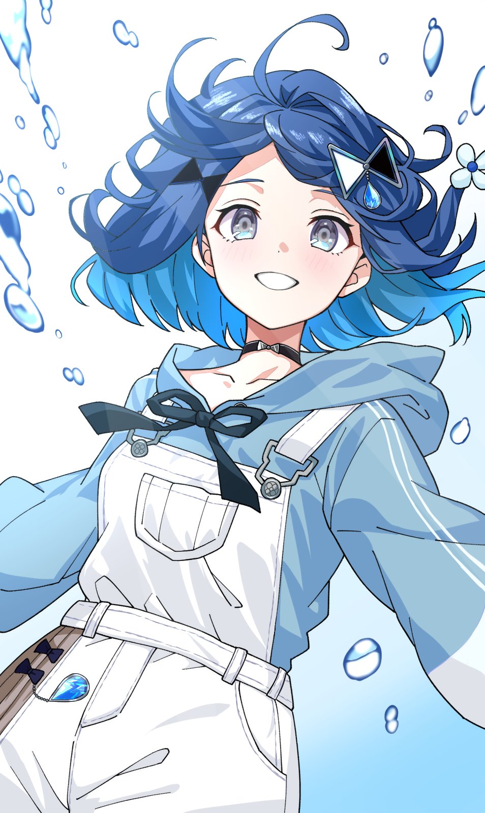 1girl, :d, ahoge, black_ribbon, blue_eyes, blue_hair, blue_hoodie, blush, collarbone, cowboy_shot, dot_nose, dutch_angle, gradient_hair, grin, hair_ornament, highres, hood, hood_down, hoodie, long_sleeves, looking_at_viewer, marble_(ta55476457), medium_hair, multicolored_hair, neck_ribbon, open_mouth, overalls, ribbon, sidelocks, simple_background, smile, solo, striped_clothes, striped_hoodie, teeth, tsumugi_kokage, virtual_youtuber, vspo!, water_drop, white_background, white_overalls