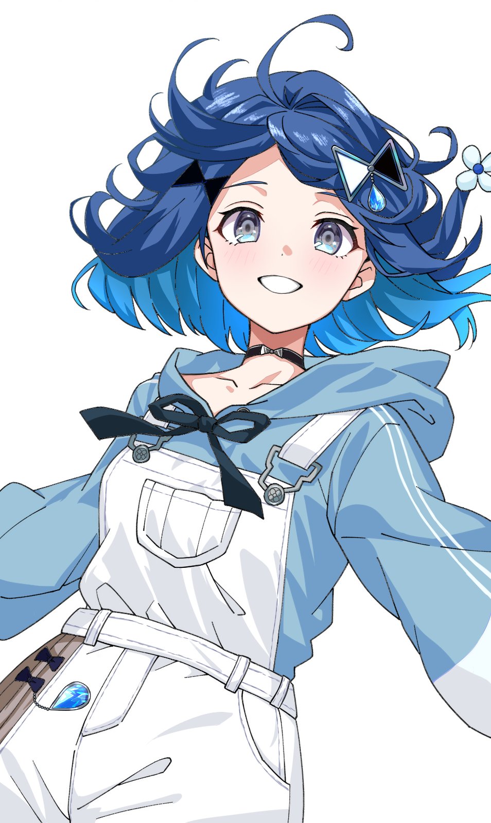 1girl, :d, ahoge, black_ribbon, blue_eyes, blue_hair, blue_hoodie, blush, collarbone, cowboy_shot, dot_nose, dutch_angle, gradient_hair, grin, hair_ornament, highres, hood, hood_down, hoodie, long_sleeves, looking_at_viewer, marble_(ta55476457), medium_hair, multicolored_hair, neck_ribbon, open_mouth, overalls, ribbon, sidelocks, simple_background, smile, solo, striped_clothes, striped_hoodie, teeth, tsumugi_kokage, virtual_youtuber, vspo!, white_background, white_overalls