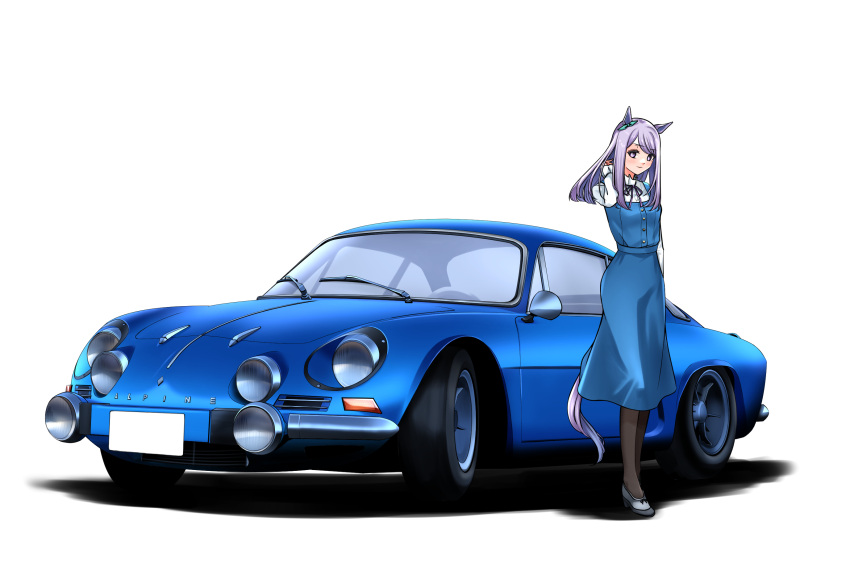 1girl, alpine_(carmaker), alpine_a110, animal_ears, black_pantyhose, blue_dress, bow, casual
