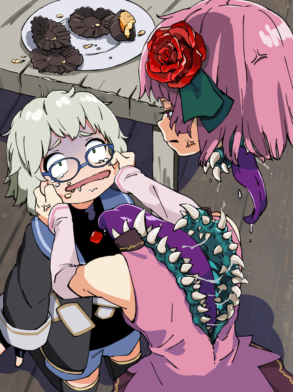 1boy, 1girl, anger_vein, bare_shoulders, blue-framed_eyewear, blue_eyes, boots, commentary
