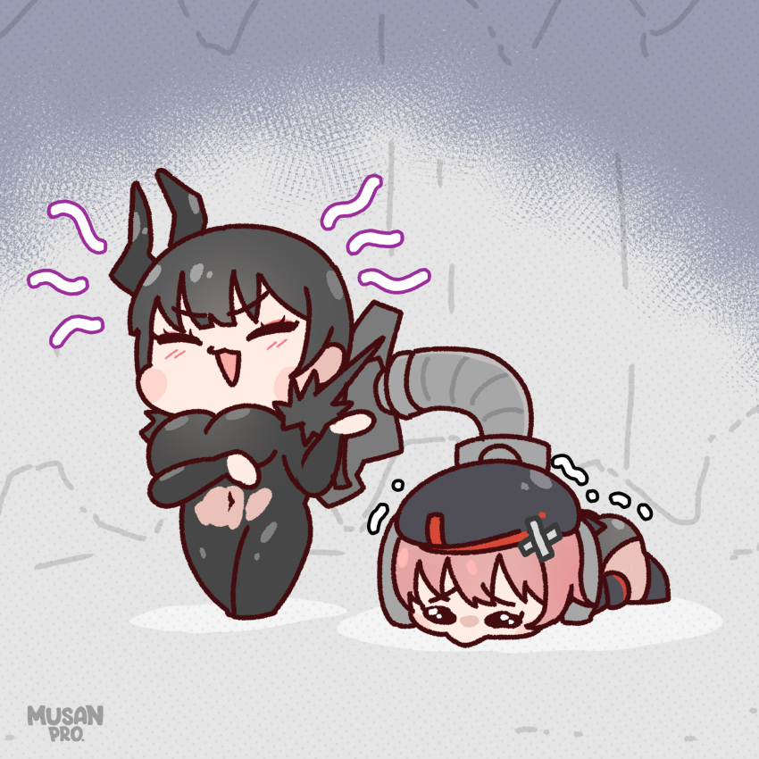 2girls, behemoth_(nikke), beret, black_bodysuit, black_hair, blush, bodysuit, breasts
