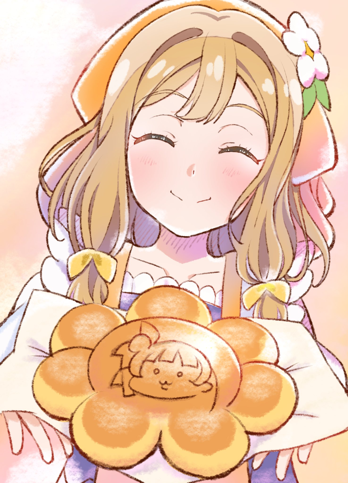 1girl, ^_^, blush, bow, bread_bun, brown_hair, character-themed_food, closed_eyes, closed_mouth, collarbone, commentary_request, double-parted_bangs, facing_viewer, flower, food, genjitsu_no_yohane, hair_bow, hair_flower, hair_ornament, hanamaru_(genjitsu_no_yohane), highres, holding, holding_food, kunikida_hanamaru, long_hair, love_live!, love_live!_sunshine!!, low-tied_sidelocks, nanakussa, orange_background, smile, solo, tsushima_yoshiko, upper_body, white_flower, yellow_bow, yohane_(genjitsu_no_yohane)