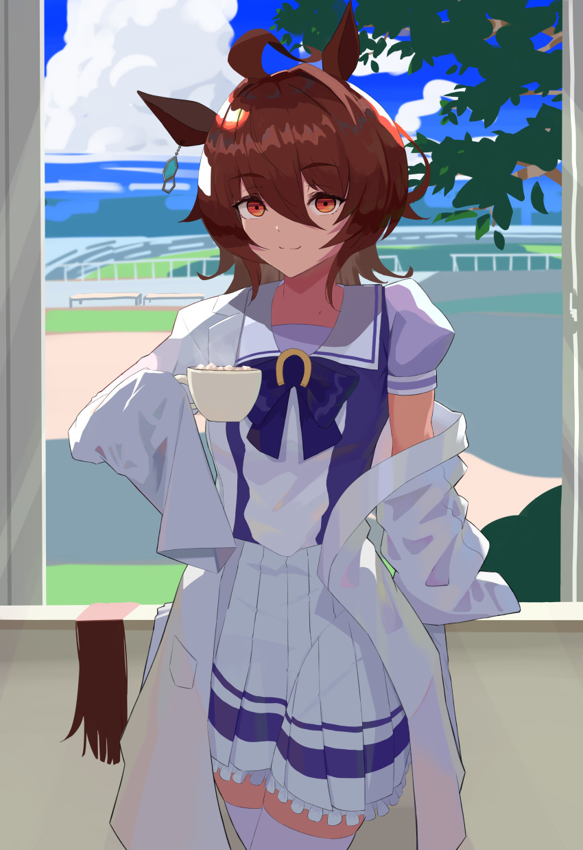 1girl, absurdres, agnes_tachyon_(umamusume), ahoge, animal_ears, bow, bowtie, brown_hair
