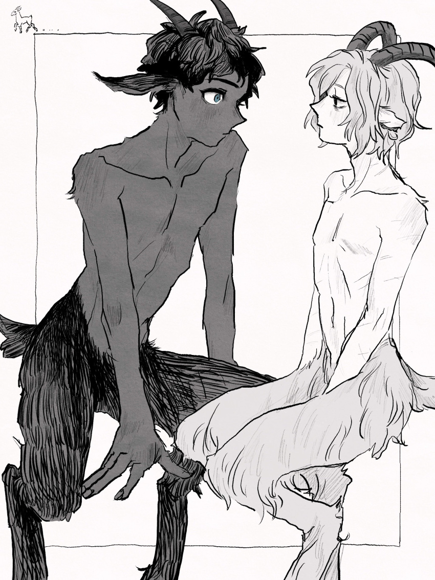 2boys, absurdres, alternate_species, animal_ears, animal_feet, bags_under_eyes, blue_eyes, blush