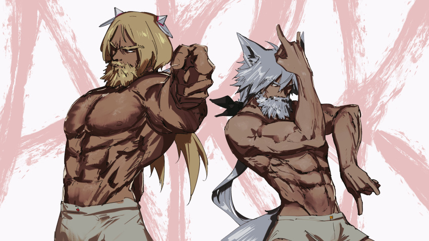 2boys, \m/, absurdres, ahoge, aki_rosenthal, animal_ears, beard, blank_eyes, blonde_hair, facial_hair, fox_ears, genderswap, genderswap_(ftm), grey_hair, highres, hololive, hyde_(tabakko), jojo_pose, killer_queen's_pose_(jojo), kujo_jotaro's_pose_(jojo), long_hair, low_twintails, mukirose, multiple_boys, muscular, muscular_male, pointing, pointing_at_viewer, shirakami_fubuki, topless_male, twintails, virtual_youtuber