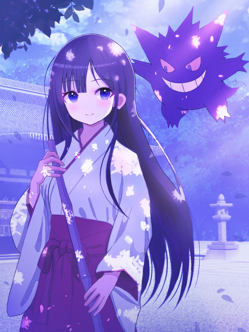 1girl, black_hair, blue_eyes, broom, closed_mouth, commentary_request, commission, gengar, hakama, hakama_skirt, highres, holding, holding_broom, japanese_clothes, long_hair, long_sleeves, looking_at_viewer, miko, mikoko1, natalia_dominique, original, outdoors, pokemon, purple_theme, red_hakama, shrine, skeb_commission, skirt, smile, solo, standing, wide_sleeves