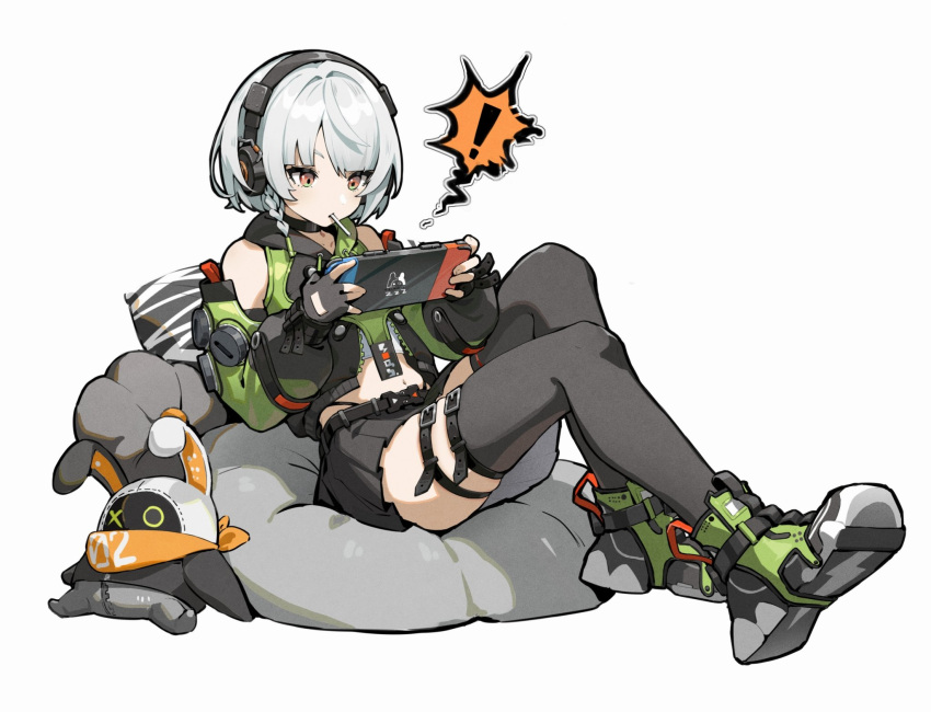 !, 1girl, anby_demara, black_gloves, black_skirt, black_thighhighs, fingerless_gloves, full_body