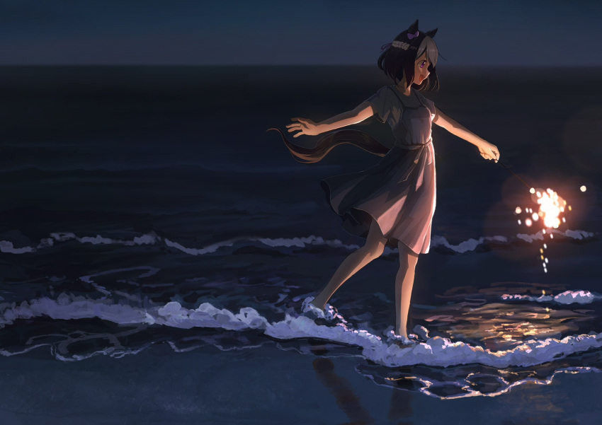1girl, alternate_costume, animal_ears, brown_hair, dress, from_side, highres, holding