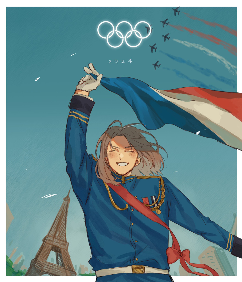 1boy, 2024_summer_olympics, aiguillette, aircraft, airplane, arm_up, award_ribbon, belt