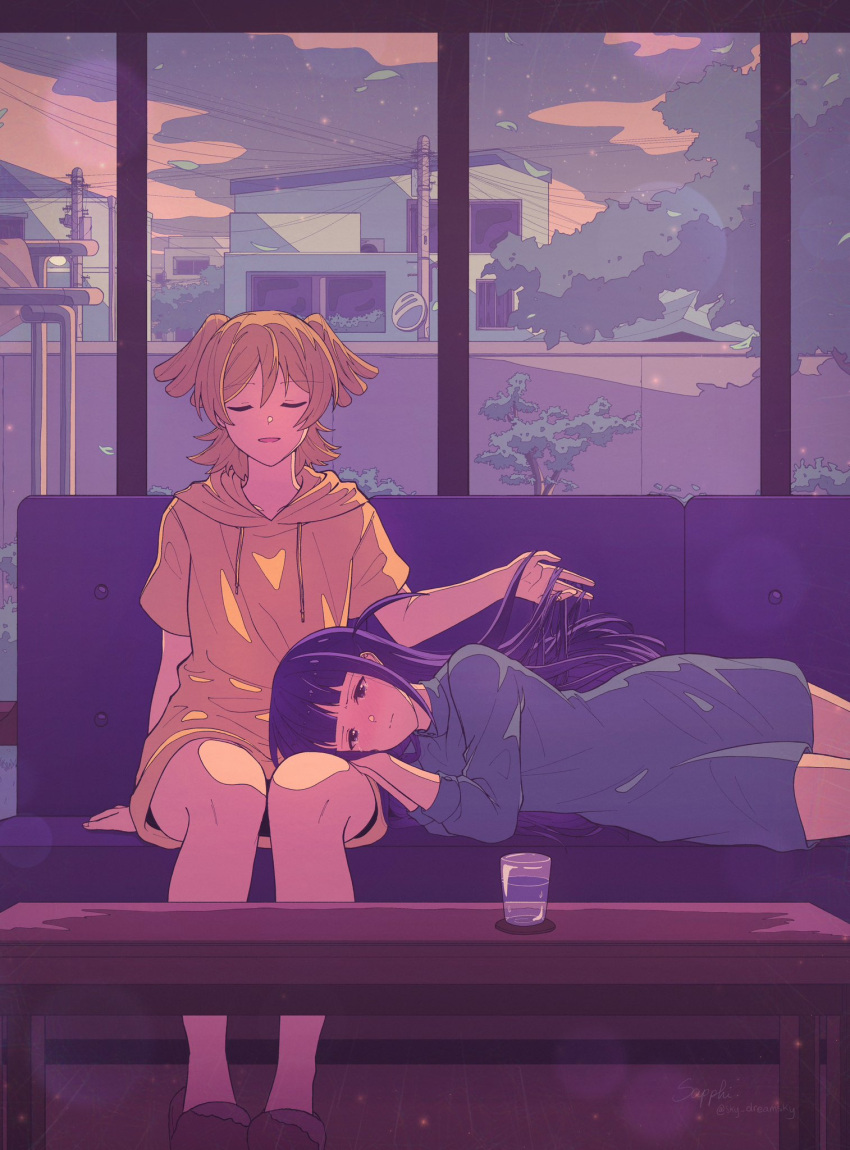 2girls, arm_at_side, artist_name, black_footwear, blonde_hair, blue_shirt, blue_sky, blunt_bangs