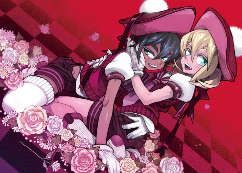 2girls, black_hair, blonde_hair, dark_skin, flower, footwear, gloves, green_eyes