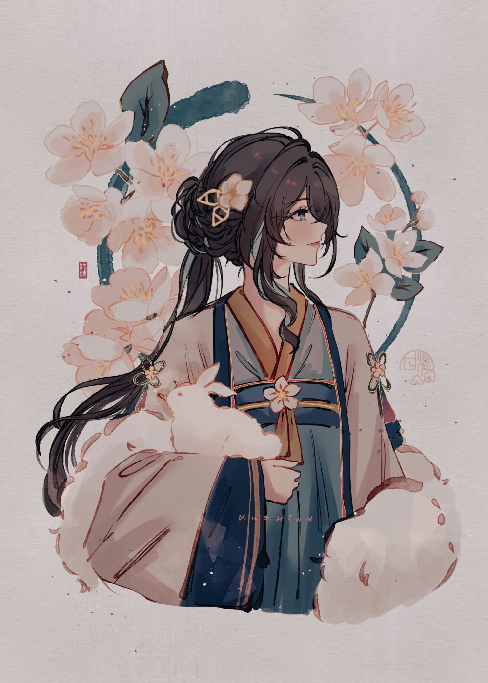 1girl, animal, aqua_eyes, black_hair, chinese_clothes, commentary, duijin_ruqun, english_commentary, flower, green_hanfu, hair_flower, hair_ornament, hanfu, highres, holding, holding_animal, honkai:_star_rail, honkai_(series), jacket, long_hair, looking_to_the_side, rabbit, ruan_mei_(honkai:_star_rail), ruqun, sash, signature, simple_background, solo, upper_body, white_flower, white_jacket, xuehina