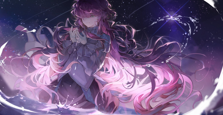 1girl, blue_eyes, fishnet_gloves, fishnets, floating_hair, gloves, hair_over_one_eye, hands_up