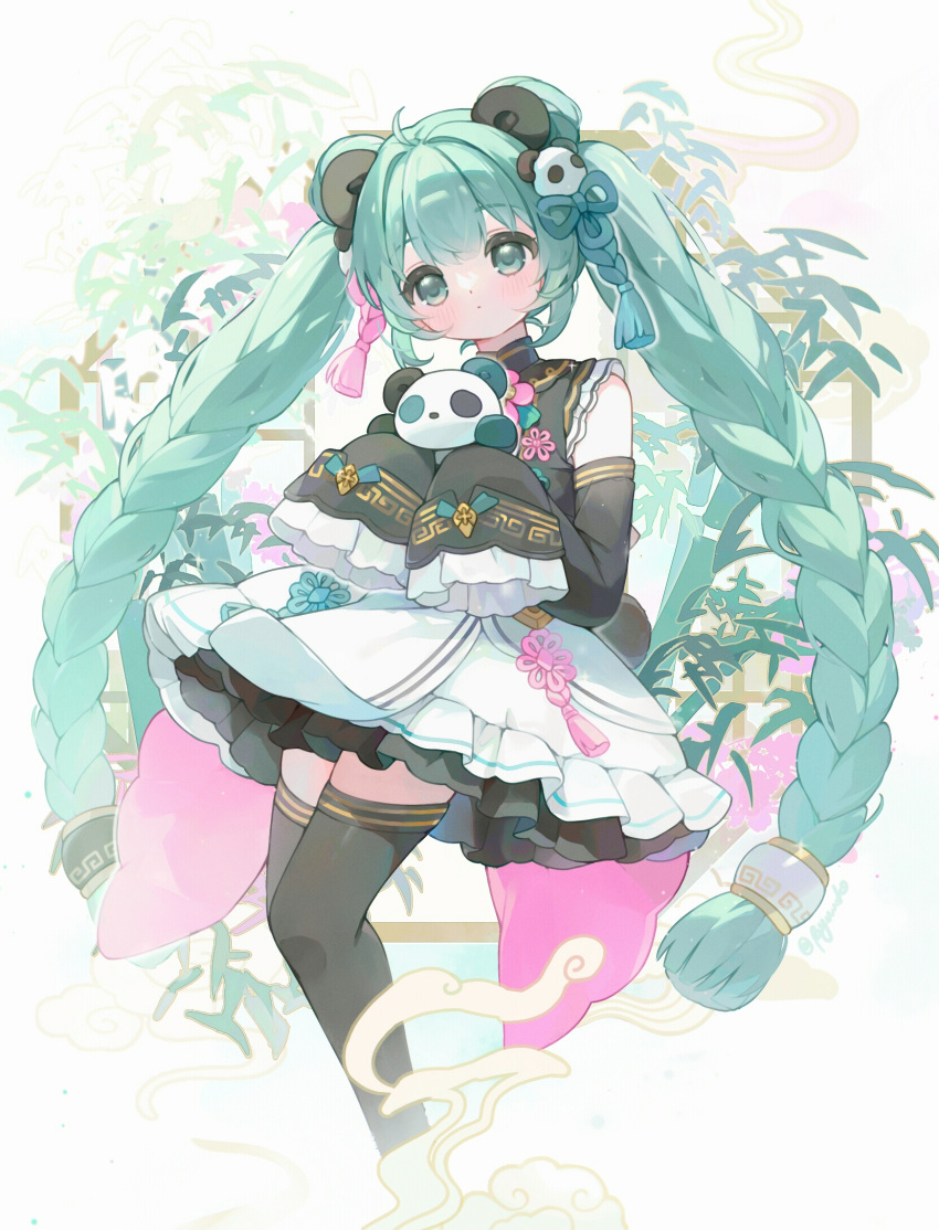 1girl, ahoge, animal_ears, animal_hair_ornament, aqua_eyes, aqua_hair, bare_shoulders, bear_ears, black_dress, black_sleeves, black_thighhighs, blush, braid, center-flap_bangs, closed_mouth, commentary, detached_sleeves, dot_mouth, dress, eggplant_(dadamiao), fake_animal_ears, feet_out_of_frame, flower, frilled_sleeves, frills, hair_between_eyes, hair_intakes, hair_ornament, hao_(vocaloid), hatsune_miku, highres, holding, holding_stuffed_toy, panda_hair_ornament, plant, sleeveless, sleeveless_dress, sleeves_past_fingers, sleeves_past_wrists, spider_lily, stuffed_animal, stuffed_panda, stuffed_toy, symbol-only_commentary, thigh-highs, twin_braids, vocaloid, wide_sleeves, zettai_ryouiki