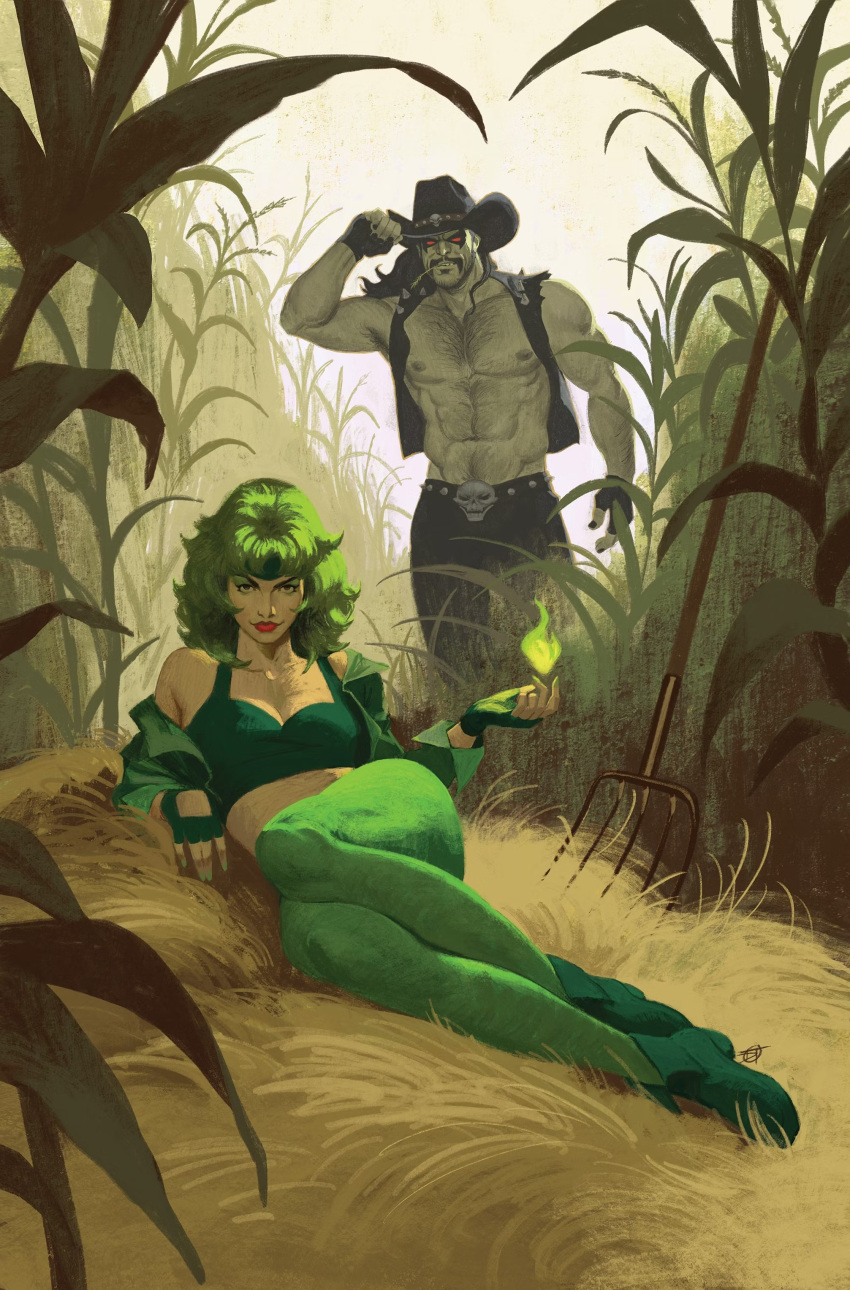 1boy, 1girl, absurdres, beatriz_da_costa, black_hat, black_jacket, black_pants, bra, corn, cowboy_hat, david_talaski, day, dc_comics, fingerless_gloves, fire, fire_(dc), gloves, green_bra, green_fire, green_footwear, green_gloves, green_hair, green_jacket, green_pantyhose, hat, highres, jacket, lobo_(dc), long_hair, looking_at_viewer, lying, nipples, open_clothes, open_jacket, outdoors, pants, pantyhose, pitchfork, red_eyes, shoes, skull_belt, sleeveless, sleeveless_jacket, underwear
