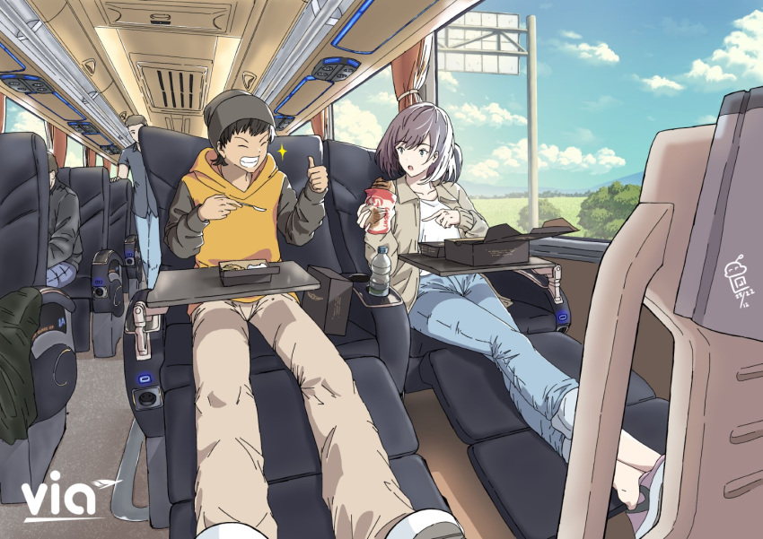 1girl, 4boys, aldo_(yudhacakranidji), bento, black_hair, black_hat, blue_pants, blue_sky