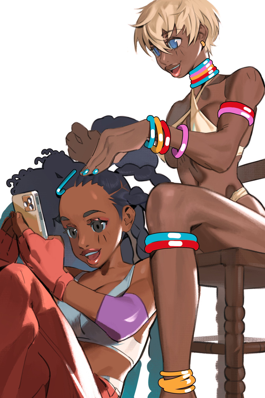 2girls, absurdres, anklet, armlet, between_legs, bikini, blue_eyes, blue_nails