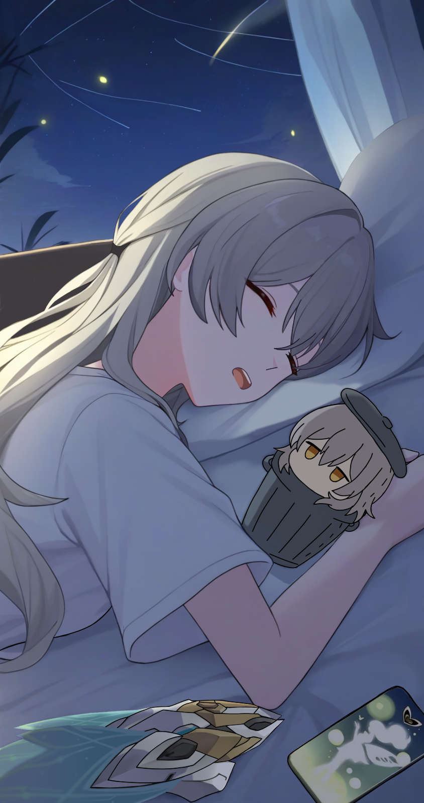 2girls, bed_sheet, firefly_(honkai:_star_rail), grey_hair, hair_between_eyes, highres, honkai:_star_rail, honkai_(series)