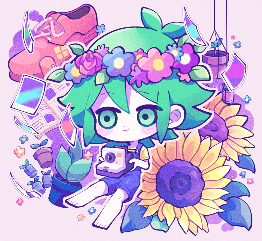 1boy, antenna_hair, barefoot, basil_(headspace)_(omori), basil_(omori), blue_flower, blue_overalls, blush_stickers