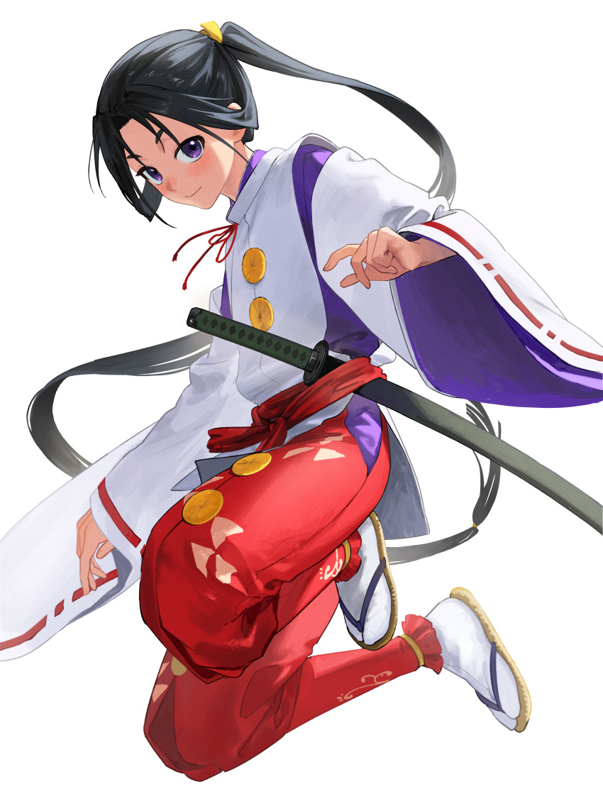 1boy, absurdres, backlighting, black_hair, blush, commentary_request, hair_intakes, hakama, hakama_pants, high_ponytail, highres, houjou_tokiyuki_(nige_jouzu_no_wakagimi), japanese_clothes, jumping, kariginu, katana, kimono, long_hair, long_sleeves, looking_at_viewer, low-tied_long_hair, male_focus, momoka-momotarou, nige_jouzu_no_wakagimi, otoko_no_ko, pants, parted_bangs, purple_kimono, red_hakama, red_sash, ribbon-trimmed_sleeves, ribbon_trim, sandals, sash, sheath, sheathed, simple_background, sleeves_past_wrists, smile, solo, sword, tabi, violet_eyes, weapon, wide_sleeves, zouri