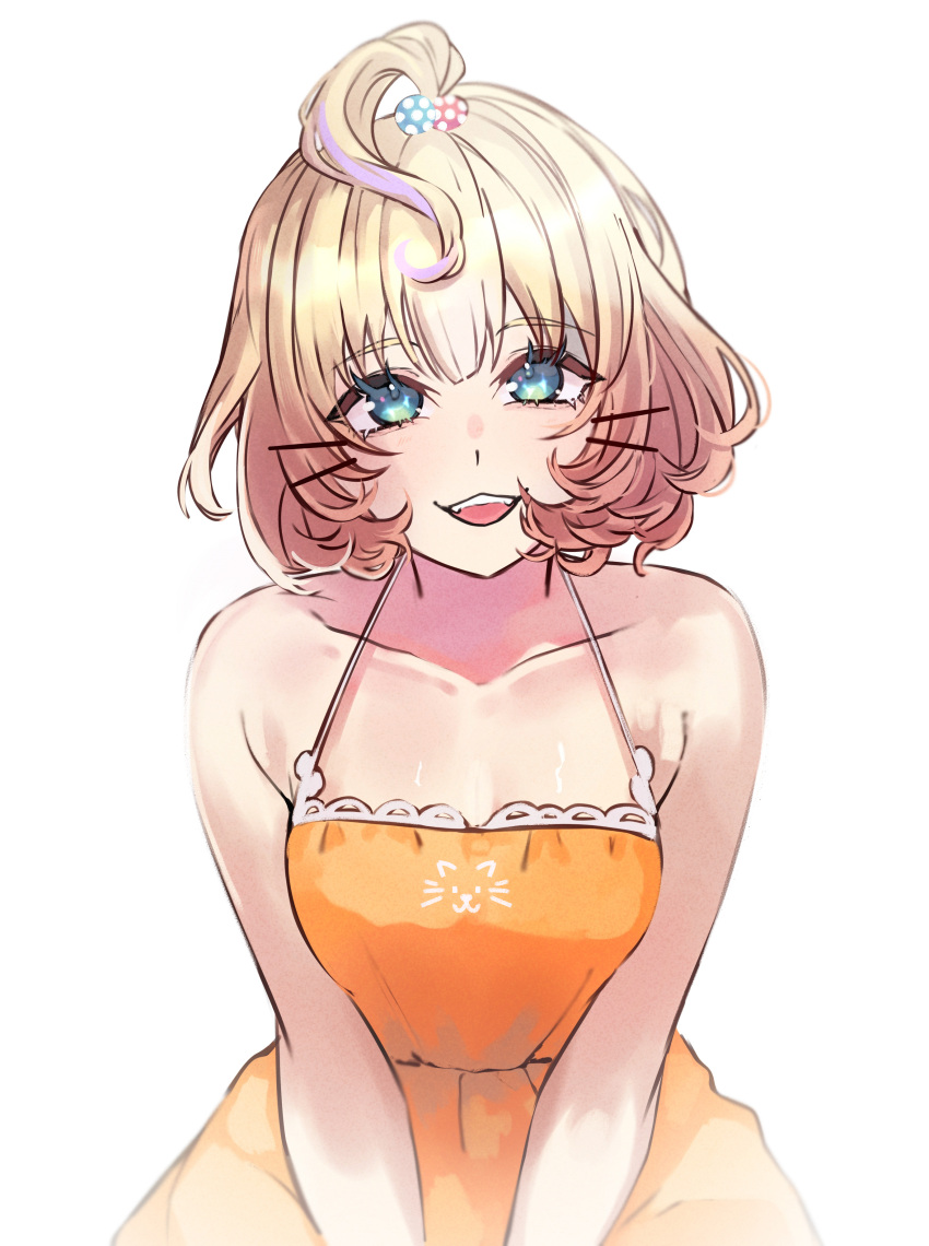 1girl, :3, absurdres, ahoge, aqua_eyes, bare_shoulders, beads, blonde_hair
