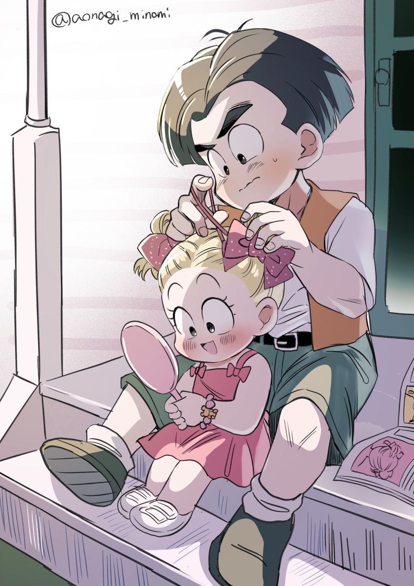 1boy, 1girl, absurdres, adjusting_another's_hair, aonagi_minami, belt, black_hair, blonde_hair