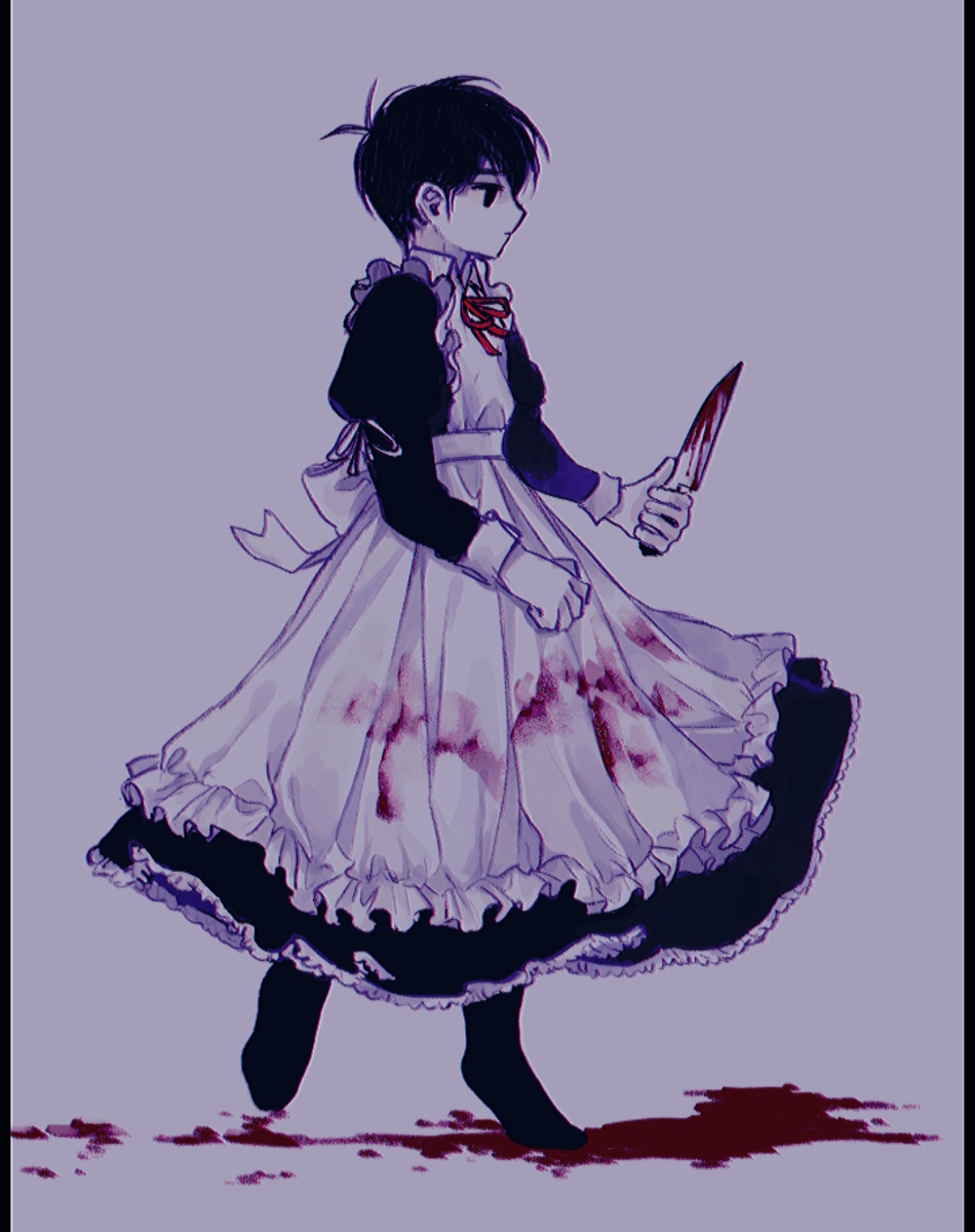 1boy, alternate_costume, antenna_hair, apron, back_bow, black_dress, black_eyes, black_footwear