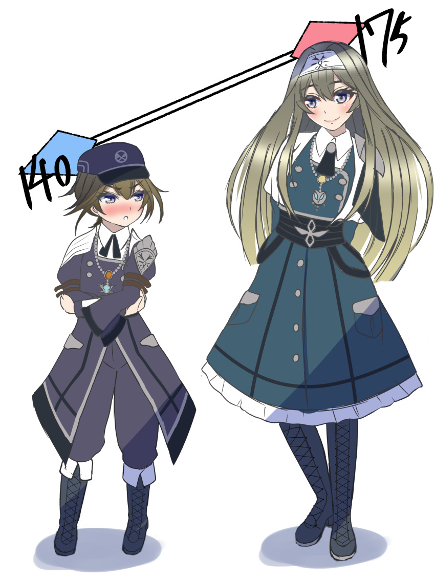 2girls, absurdres, boots, brown_hair, dress, duel_monster, exosister_irene, exosister_sophia