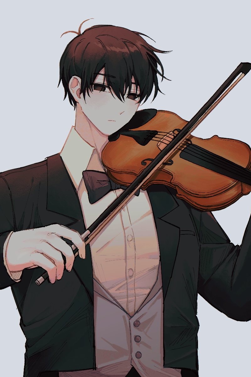 1boy, aged_up, antenna_hair, black_bow, black_bowtie, black_eyes, black_hair, black_jacket
