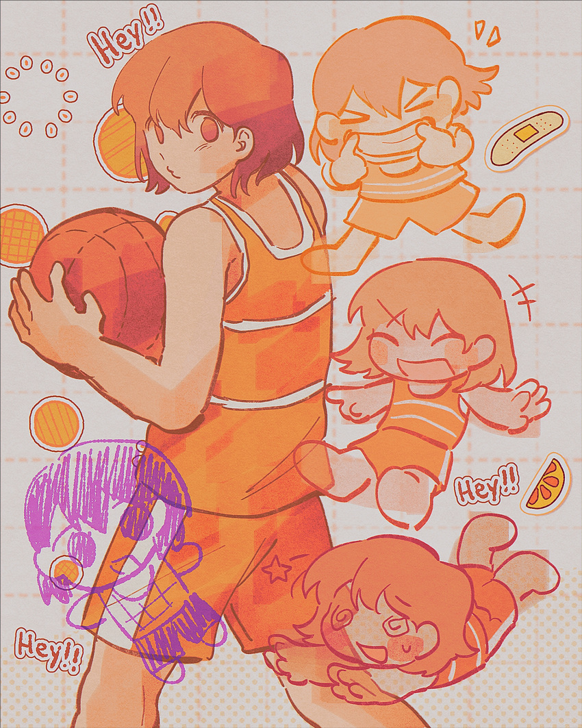 >_<, +++, 1boy, @_@, ball, bandaid, bare_arms, bare_shoulders